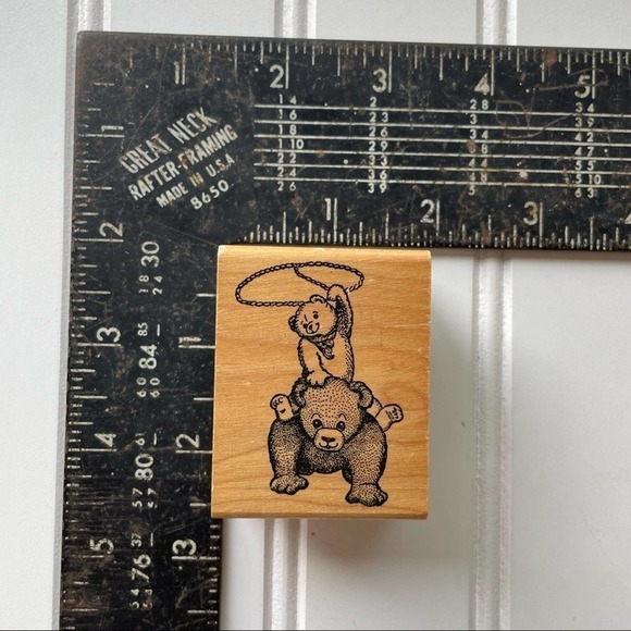 Vintage Wood Block Rubber Stamp Hamilton Arts Teddy Bear Car Rodeo Lasso Set - Picture 6 of 7